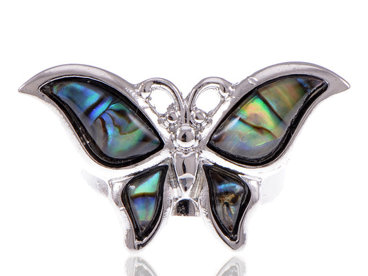 Silver Dark Mystery Green Natural Abalone Shell Butterfly Ring