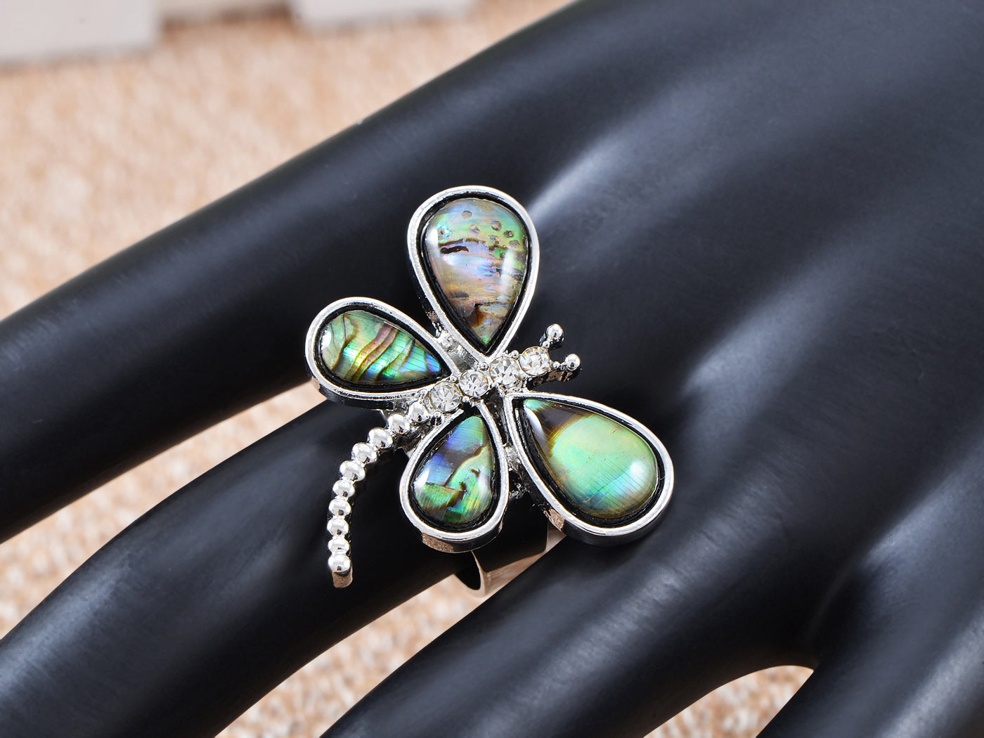 Silver Natural Abalone Shell Nd Dragonfly Ring