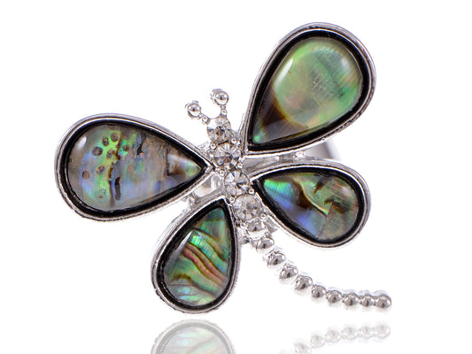 Silver Natural Abalone Shell Nd Dragonfly Ring