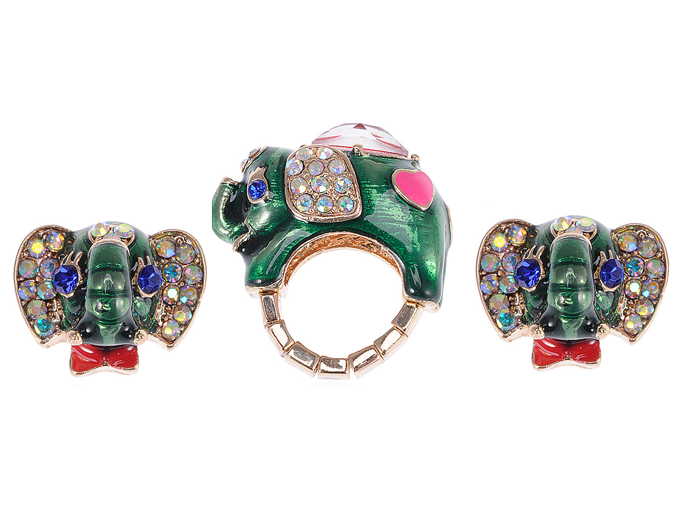 Multicoloured Petite Elephant Ring Earrings Set