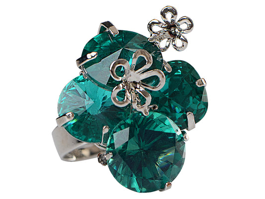 Silver Turquoise Green Cluster Floral Flower Ring