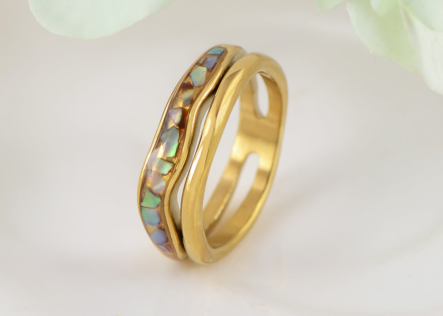 Alialng Golden Tone Titanium Steel Abalone Shell Inlay Promise Rings for Men Women Couples Wedding Band Double Layers