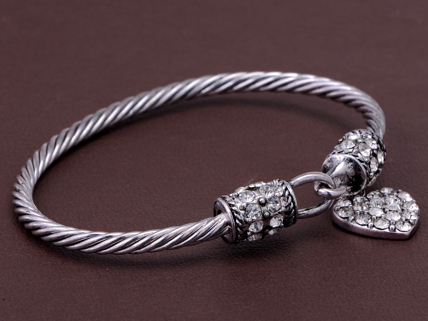 Silver D Accented Cord Bracelet With Diamond Heart Charm