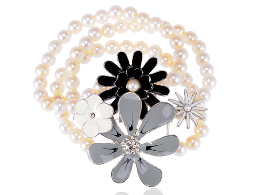 Pearl Black Gray Enamel Floral Wrap Around Bracelet