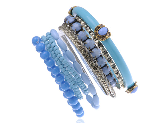 Shades Of Blue Beaded Gem Ocean Layering Bangle Bracelet