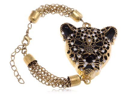 Gold D Cheetah Head Bold Black Enamel Chain Bracelet For Women