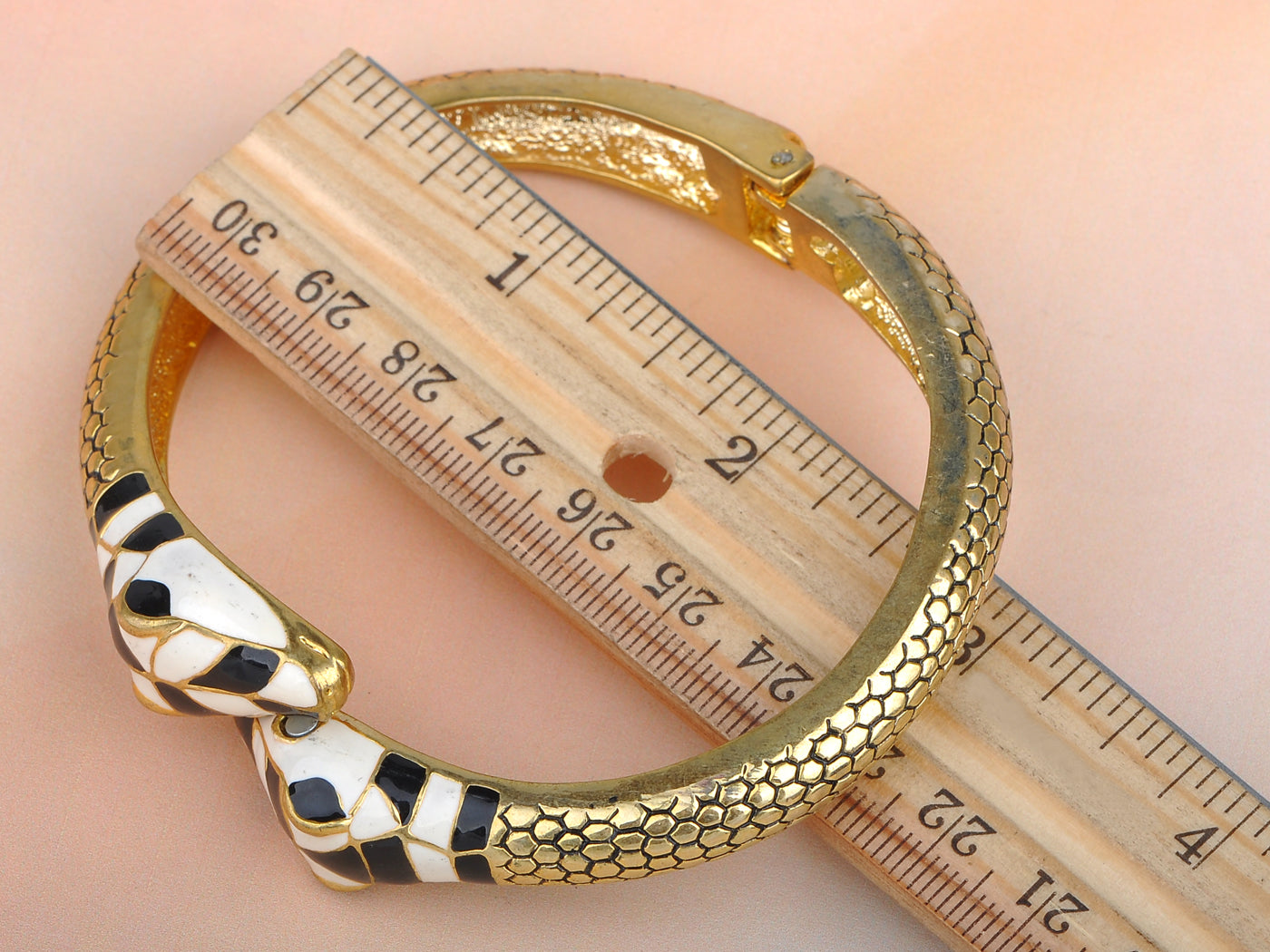 Gold D Black And White Enamel Twin Snake Etched Cuff Bangle Bracelet
