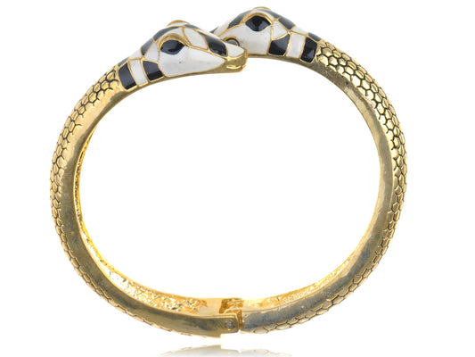 Gold D Black And White Enamel Twin Snake Etched Cuff Bangle Bracelet