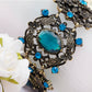 Antique Bronze Blue Flowers Leaf Bangle Bracelet