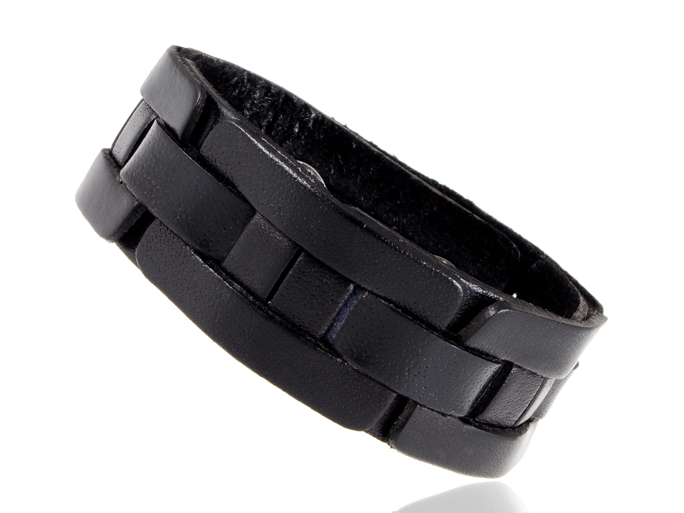 Black Leather Bracelet Cuff Braid Like Style With Snap Closure