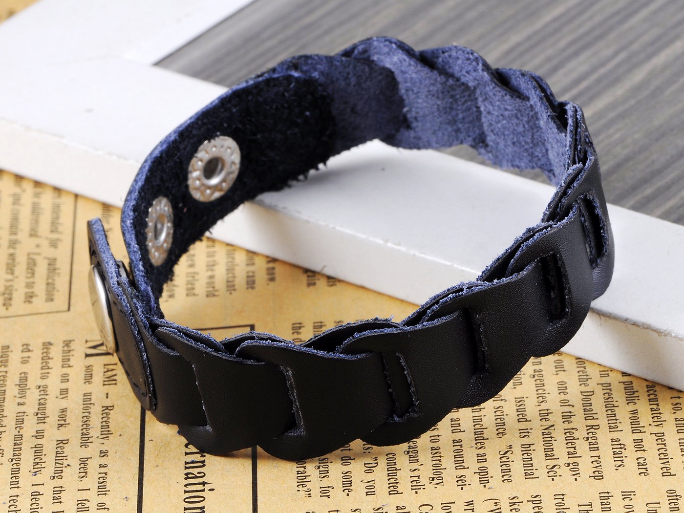 Black Leather Multi Strand Studded Beads Snap On Arm Cuff Bracelet