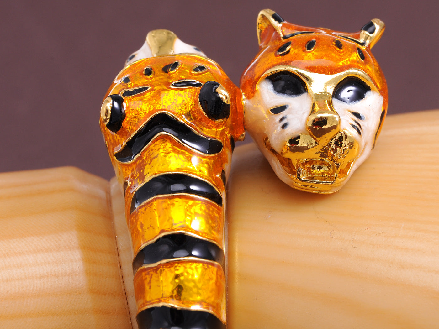 Orange Enamel Twin Tiger Cuff Bangle Bracelet