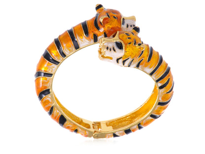 Orange Enamel Twin Tiger Cuff Bangle Bracelet