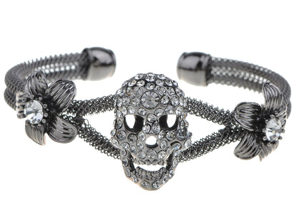 Gothic Skull Floral Halloween Gray Cuff Bracelet