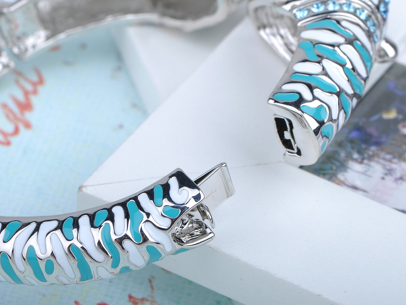 White Blue Enamel Aquamarine Twin Animal Bangle Bracelet