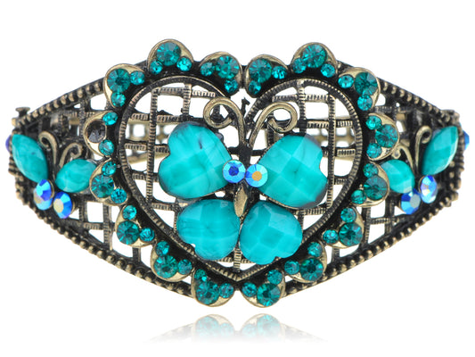 Antique Teal Zircon Heart Jeweled Butterfly Bangle Bracelet