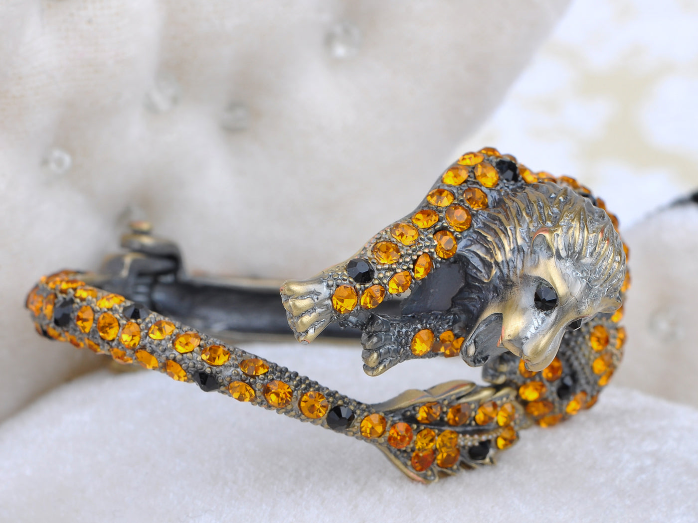 Antique Royal Brass Lion Topaz Brown Amber Bangle Bracelet