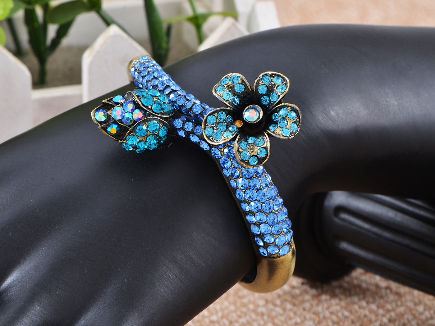 Antique Blue Sapphire Zircon Flower Bud Stem Bracelet Bangle