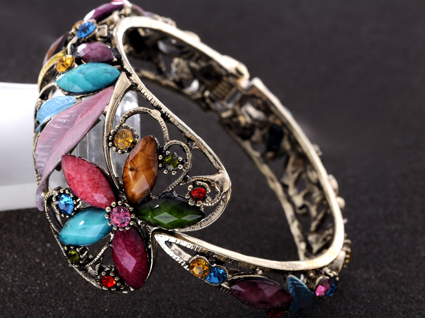Vintage Multi Color Enamel And Flower Bangle Bracelet
