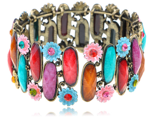 Antique Inspire Colorful Jeweled Gem Flower Bangle Bracelet