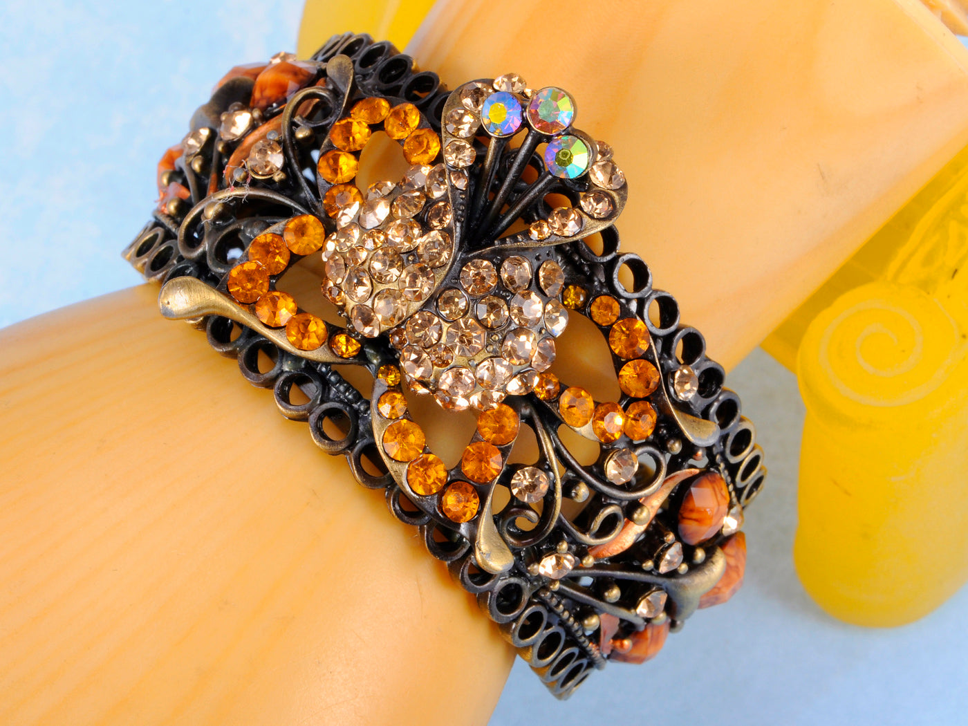 Topaz Color Orange Monarch Butterfly Floral Lace Cutout Cuff Bracelet Bangle