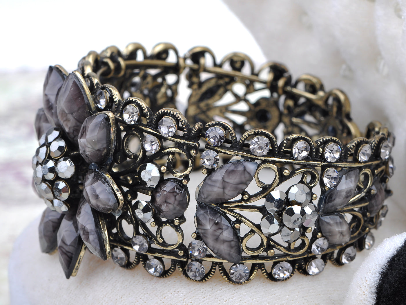 Smoke Black Gray Floral Vintage Inspire Cuff Bracelet Bangle