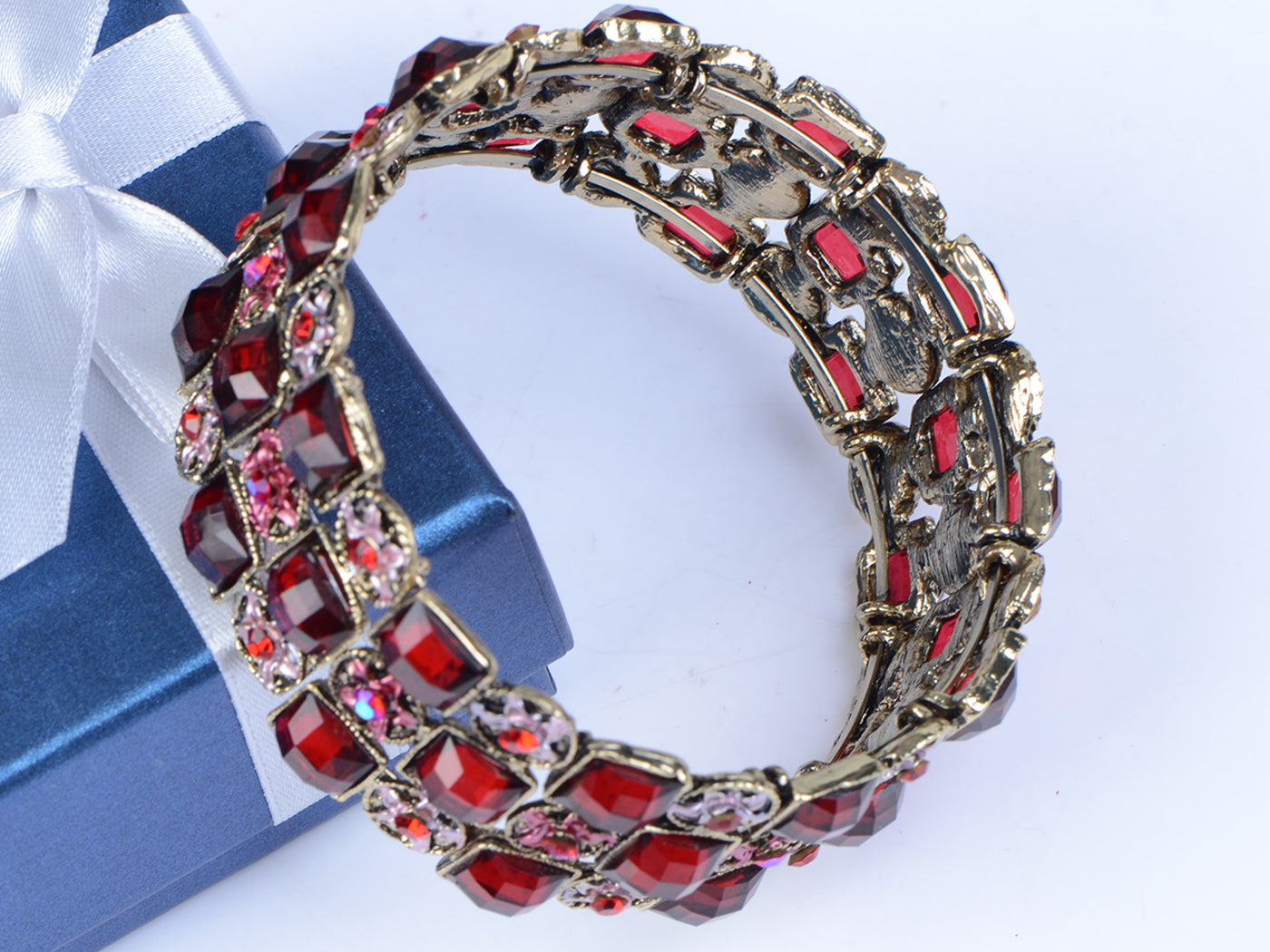 Brass Antique Ruby Red Big Diamond Shape Filigree Bangle Cuff Bracelet