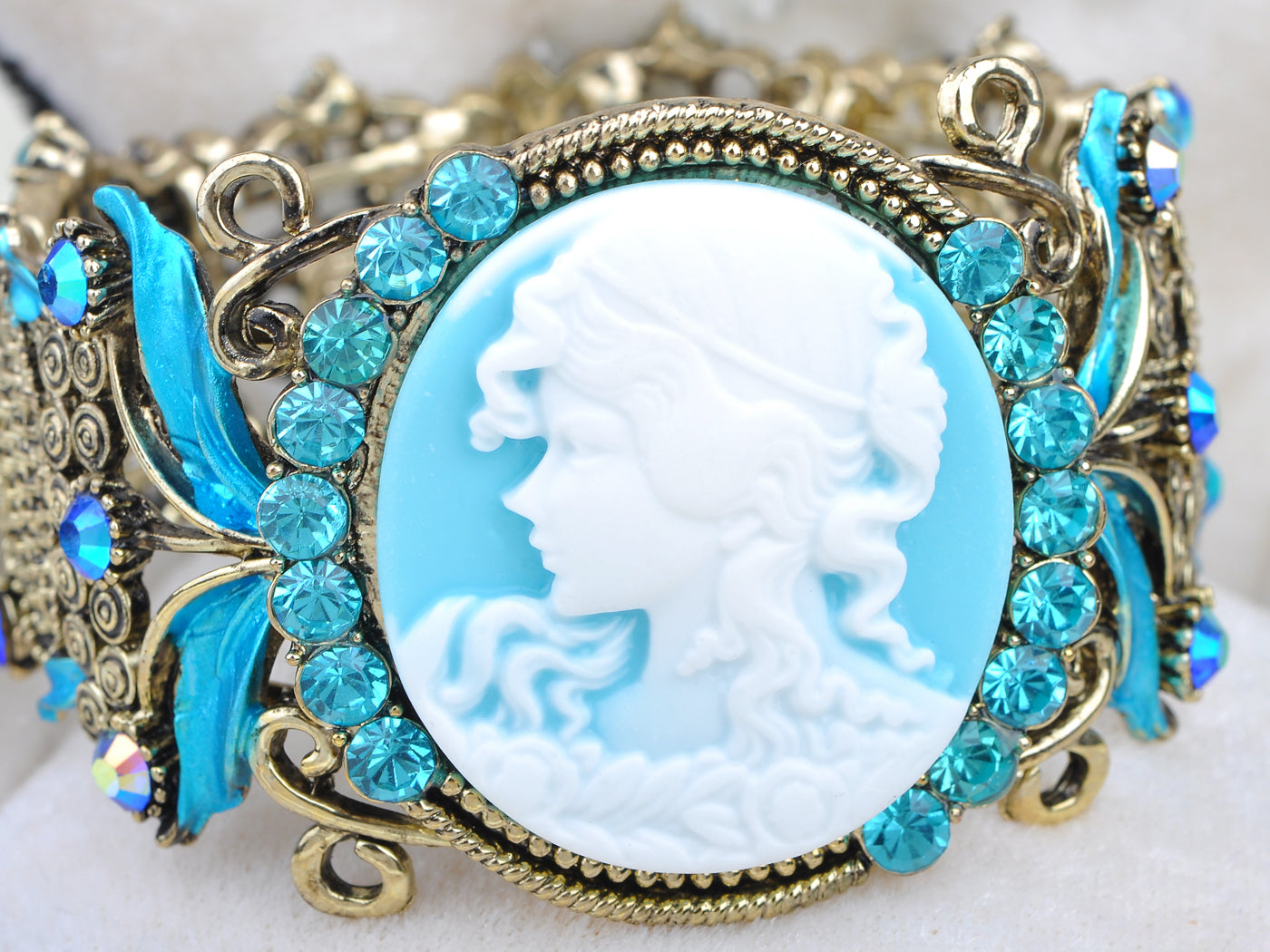 Sky Blue Cameo Lady Aqua Antique Inspire Brass Cuff Bangle Bracelet