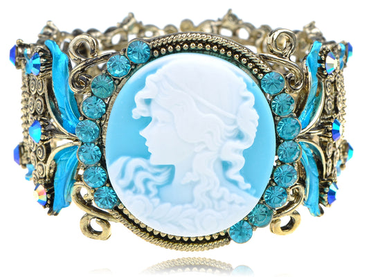 Sky Blue Cameo Lady Aqua Antique Inspire Brass Cuff Bangle Bracelet