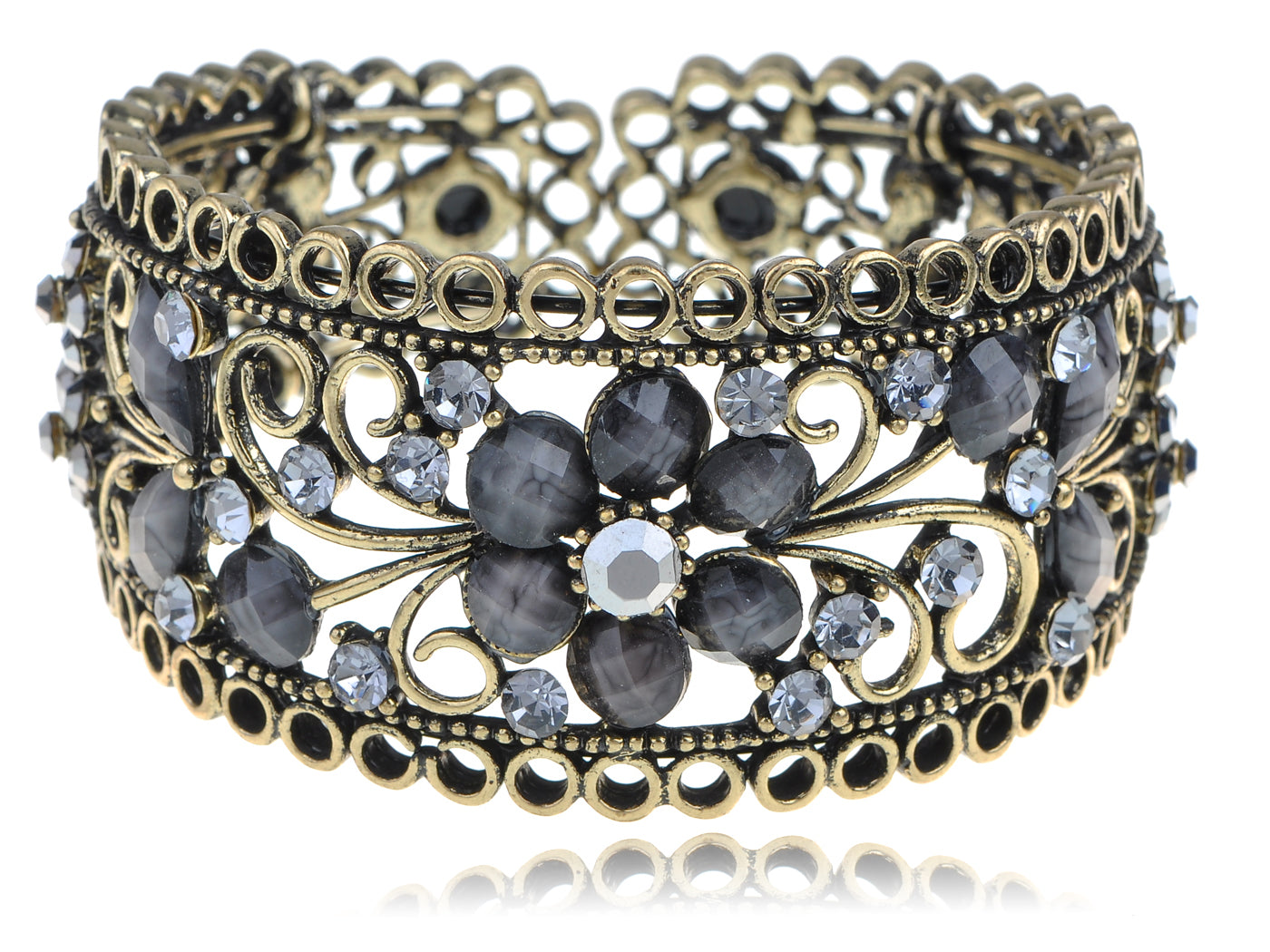 Smoke Black Jewel Floral Antique Inspire Cuff Bangle Bracelet