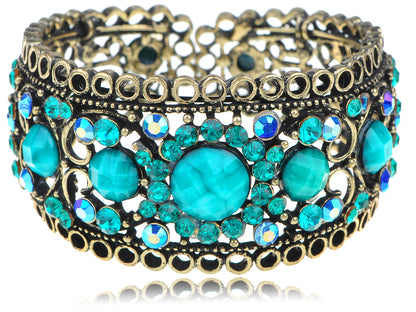 Antique Inspire Brass Zircon Capri Blue Gem Cuff Bangle Bracelet