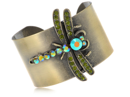 Bronze Gold Olivine Green Dragonfly Cuff Bracelet Bangle