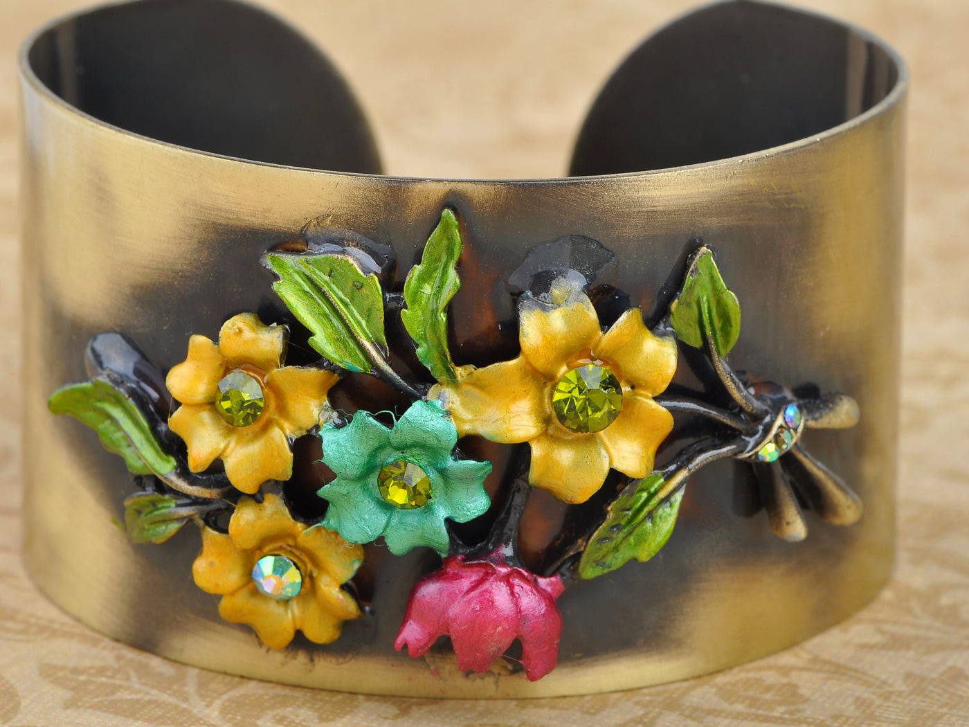 Antique Ethnic Bronze Colorful Enamel Vintage Yellow Flower Open Cuff Bangle Bracelet