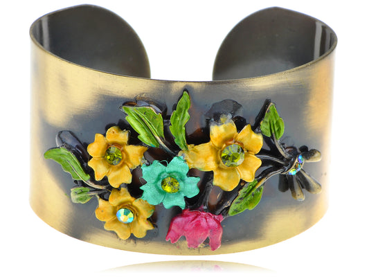 Antique Ethnic Bronze Colorful Enamel Vintage Yellow Flower Open Cuff Bangle Bracelet