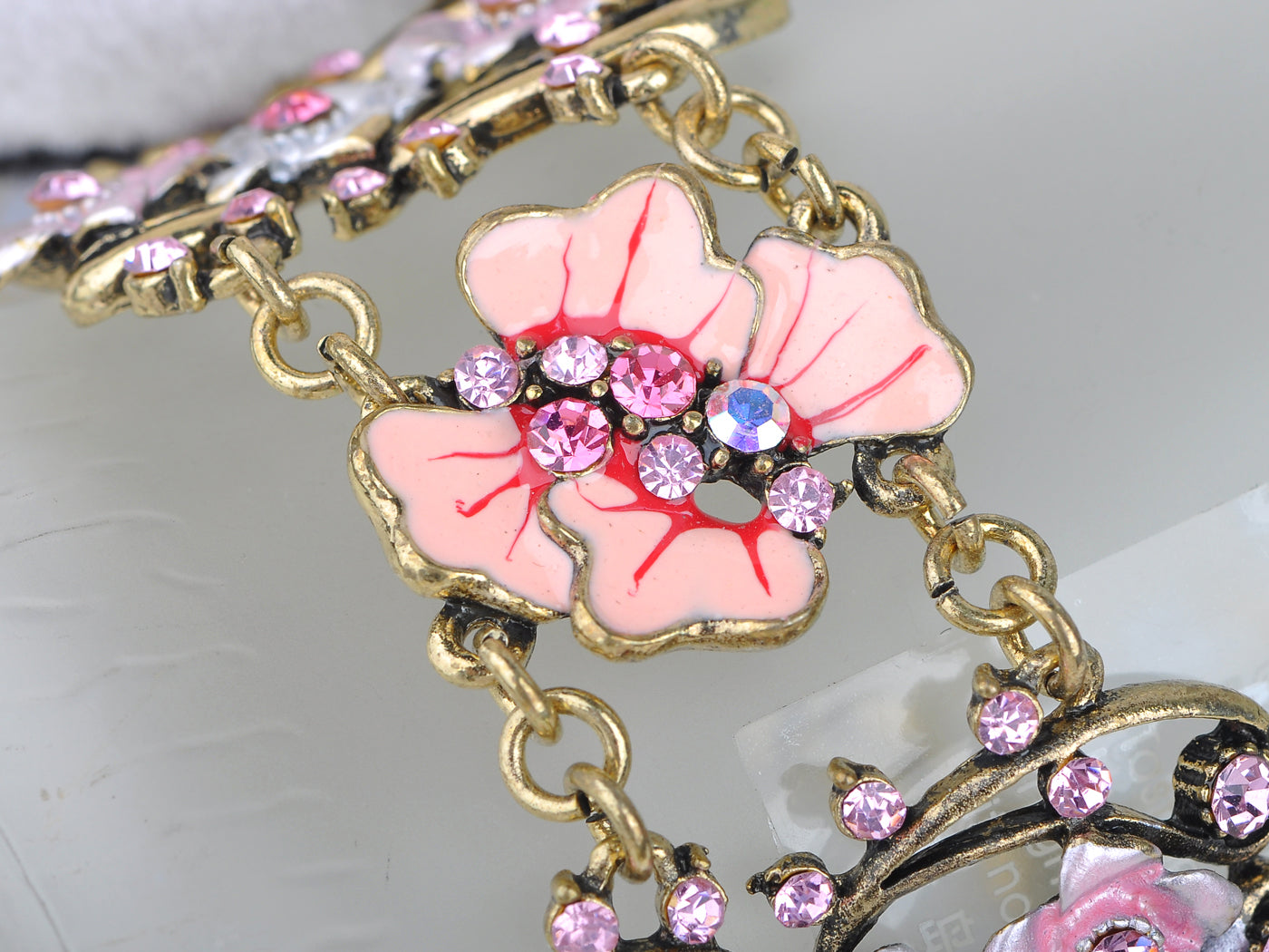 Vintage Gold Pink Rose Lavender Enamel Chain Bracelet