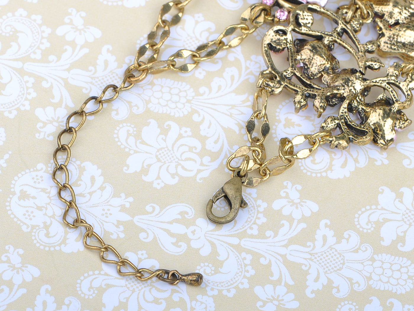 Vintage Gold Pink Rose Lavender Enamel Chain Bracelet