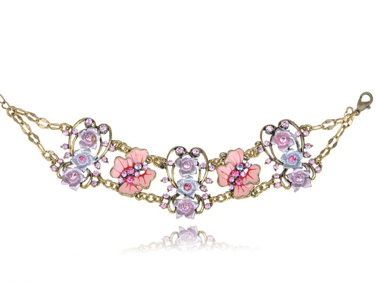 Vintage Gold Pink Rose Lavender Enamel Chain Bracelet