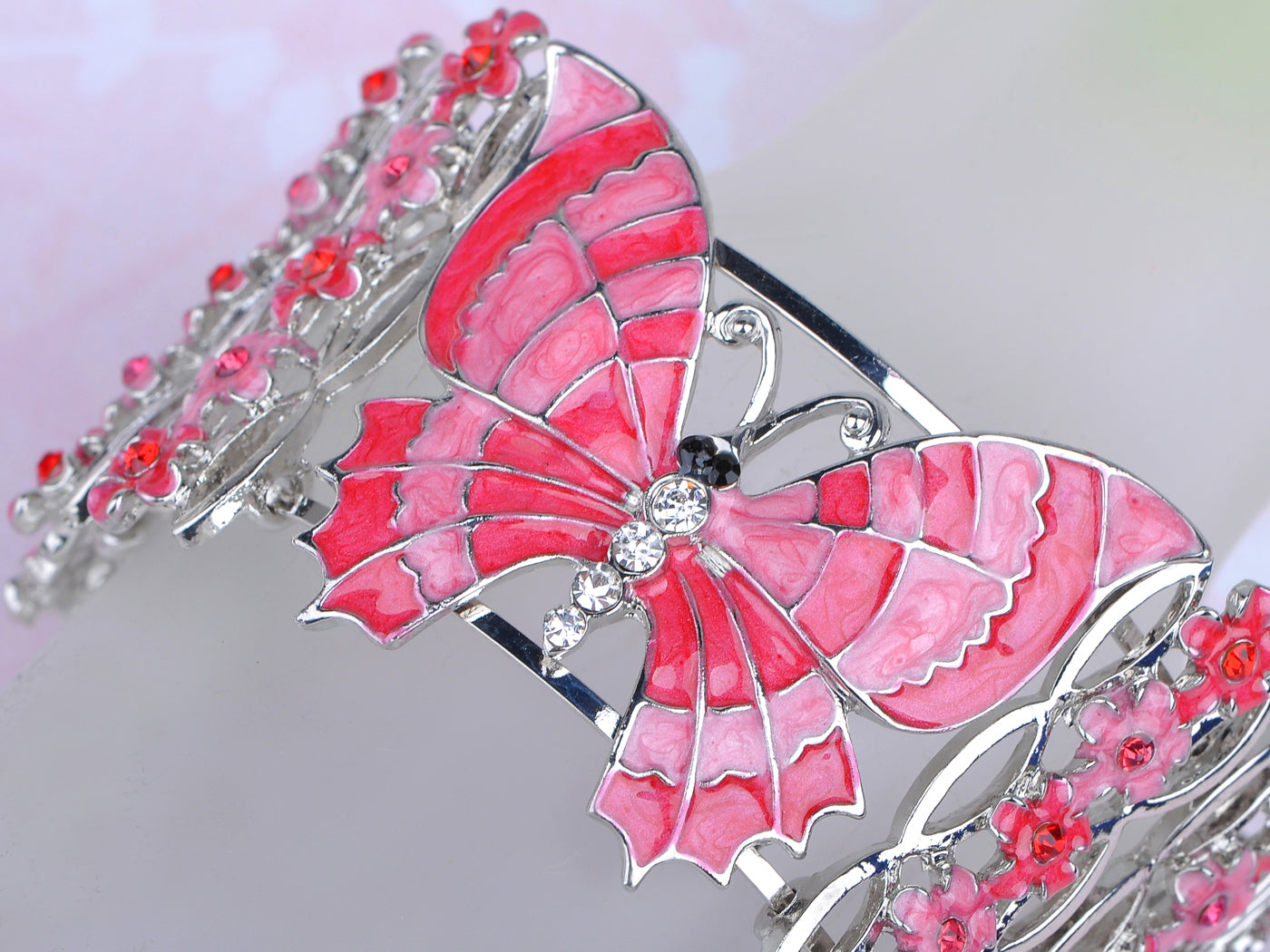 Sweet Pink Color Combination Rose Enamel Painted Butterfly Flower Cuff Bracelet