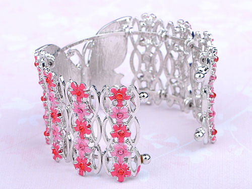 Sweet Pink Color Combination Rose Enamel Painted Butterfly Flower Cuff Bracelet