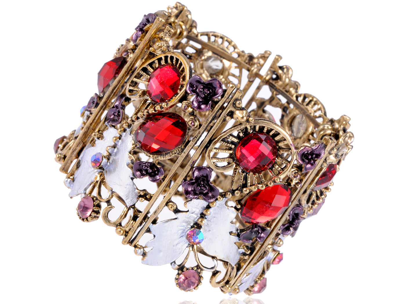 Antique Purple Enamel Red Pink Enamel Flower Butterfly Cuff Bangle Bracelet
