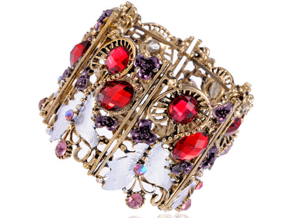 Antique Purple Enamel Red Pink Enamel Flower Butterfly Cuff Bangle Bracelet