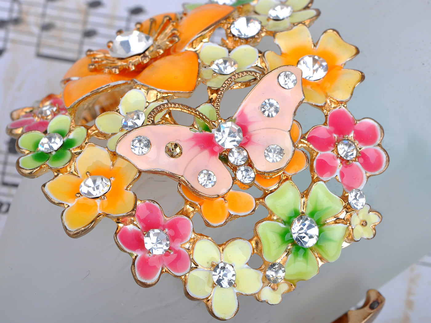 Multicolored Enamel Painted Butterfly Flower Cluster Bracelet Cuff