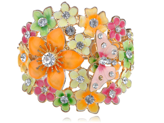 Multicolored Enamel Painted Butterfly Flower Cluster Bracelet Cuff