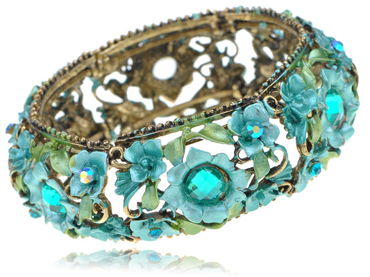 Turquoise Blue Green Flower Leaf Vine Cluster Bracelet Bangle