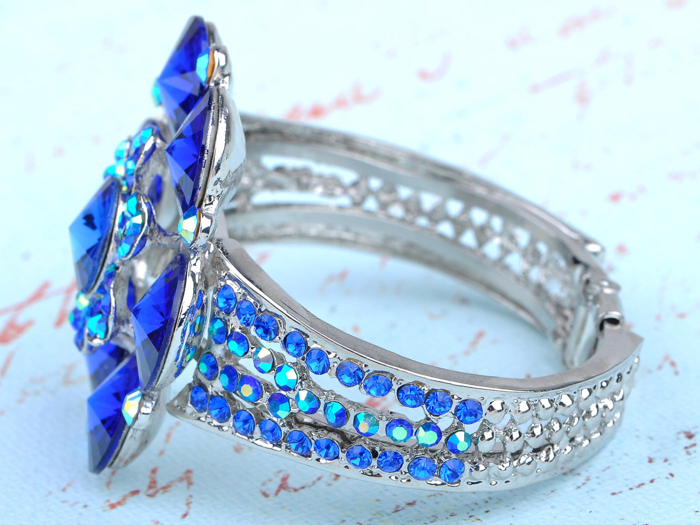 Ocean Sapphire Blue Flower Bangle Bracelet Cuff