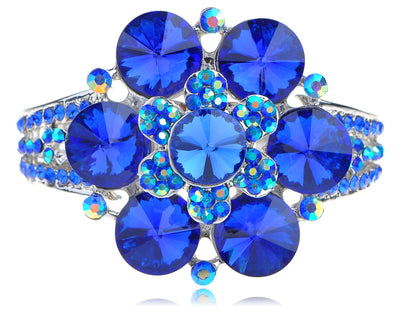 Ocean Sapphire Blue Flower Bangle Bracelet Cuff