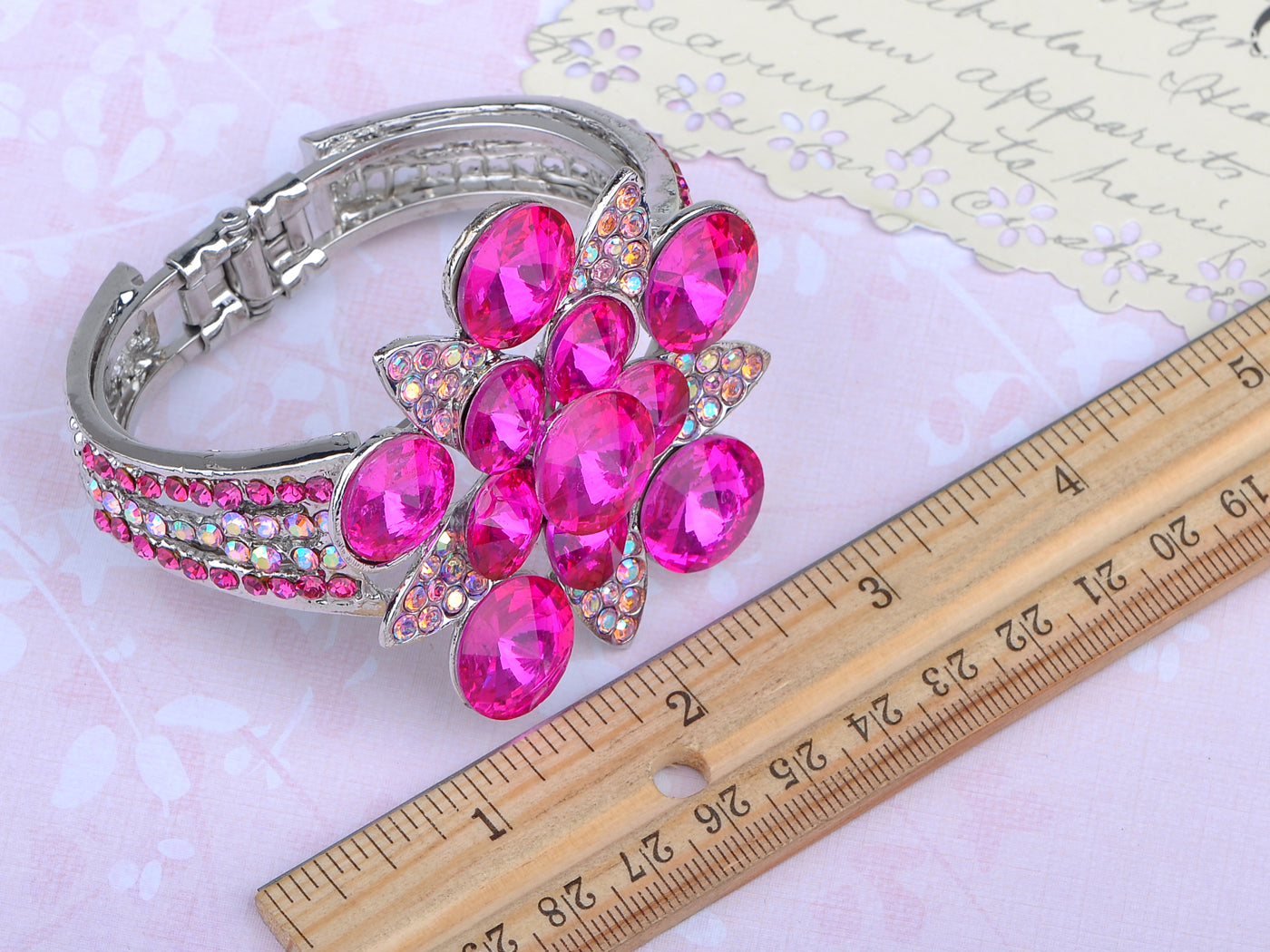 Aurora Borealis Fuchsia Pink Flower Bangle Bracelet Cuff