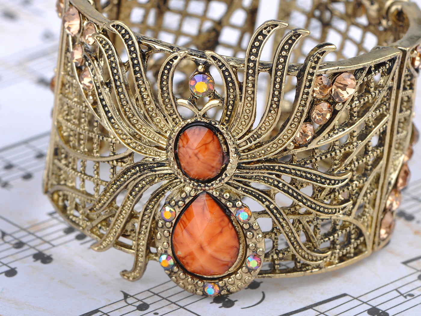 Filigree Orange Topaz Spider Web Nature Bracelet Cuff