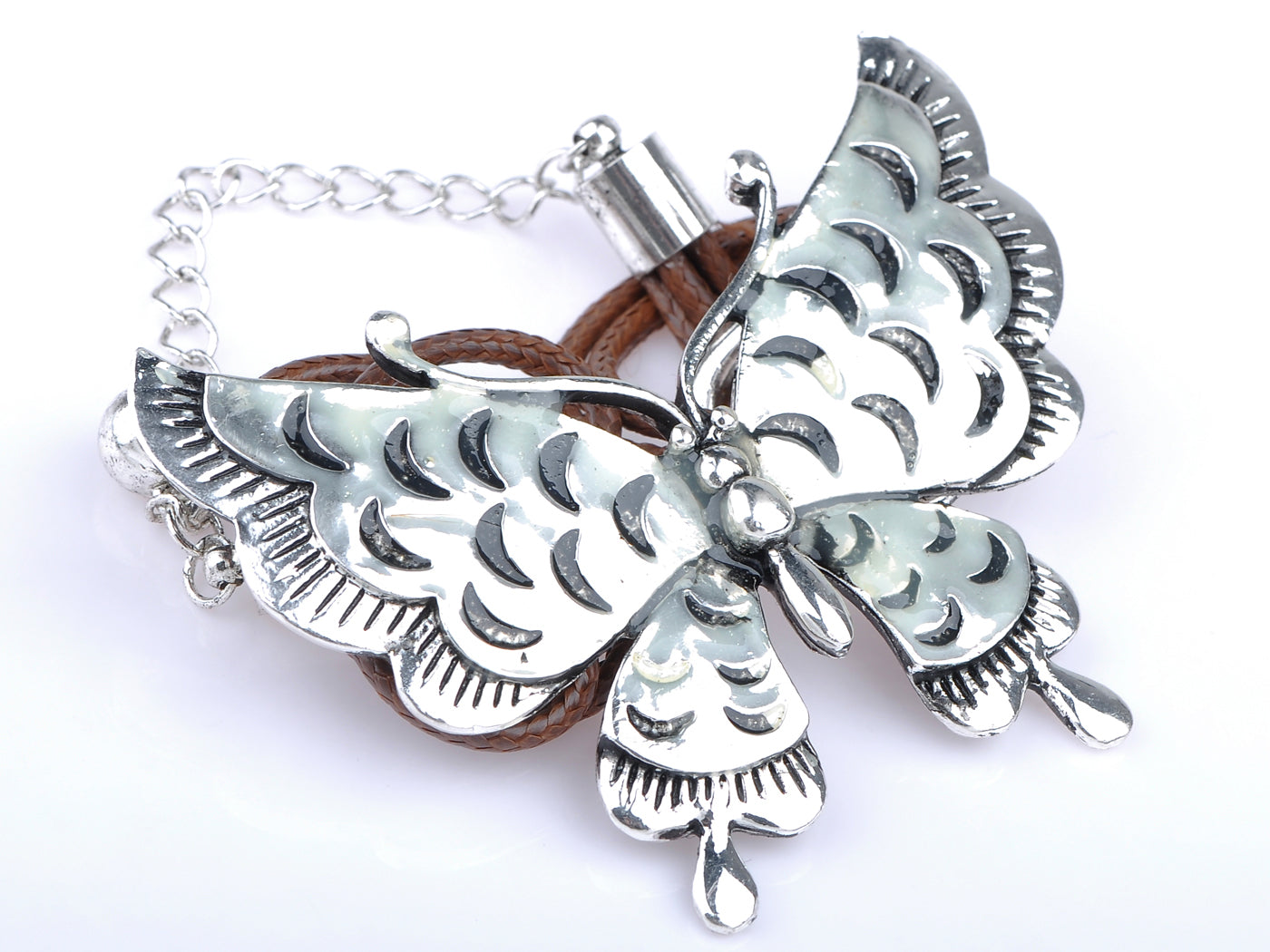 Silver Vintage Like Butterfly Face Plate String Rope Hemp Chain Bracelet
