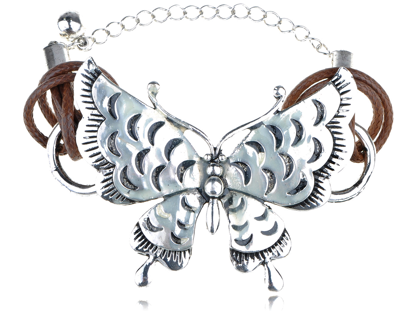 Silver Vintage Like Butterfly Face Plate String Rope Hemp Chain Bracelet